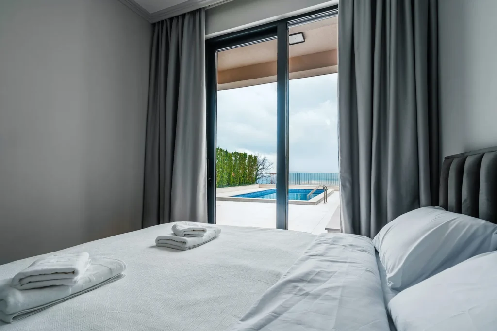 Poljana Olive Homes Residence Montenegro bedroom pool view